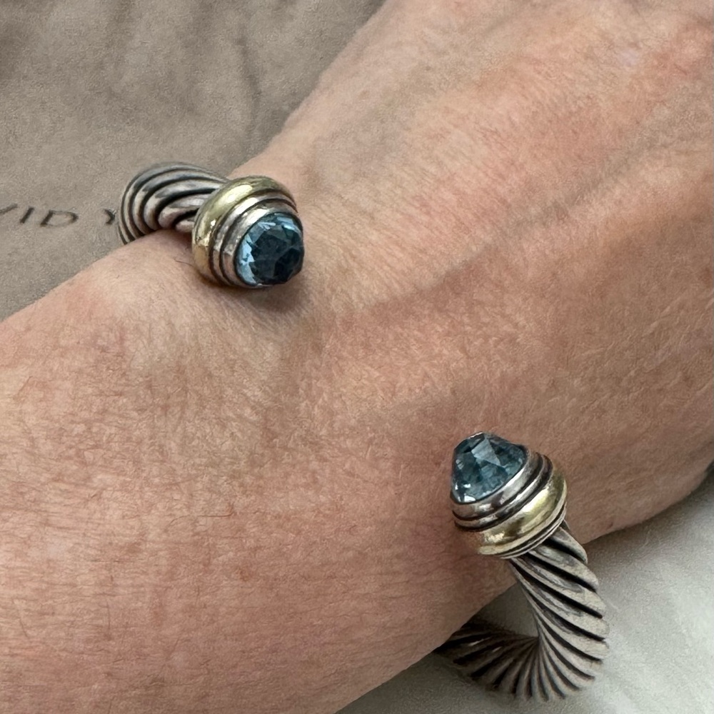 David Yurman 7mm Blue Topaz Cable Classic Cuff Bracelet .925/14K Gold - Picture 10 of 10